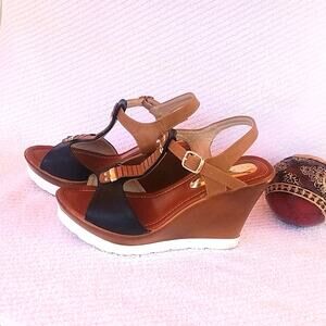 Lady Godiva Wedge Platform Sandal/Pump Size 8 Brown And Black Leather Opened Toe